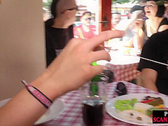 Petite scandalous BDSM slut sucks dick at restaurant