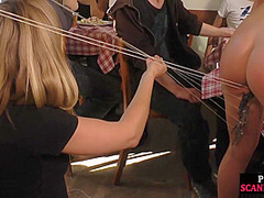 Petite scandalous BDSM slut sucks dick at restaurant