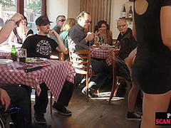 Petite scandalous BDSM slut sucks dick at restaurant