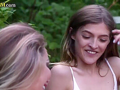 Femdom bikini CFNM babes outdoor group BJ and HJ action