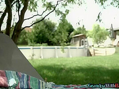 Dominant old fucker drills 19yo pussy outdoor in missionary