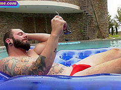 Bisexual inked IR babe 3some outdoor fucked on the pool