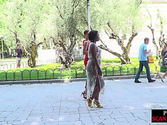 Pissed and humiliated ebony slut deepthroats in public