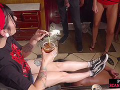 Pissed and humiliated ebony slut deepthroats in public