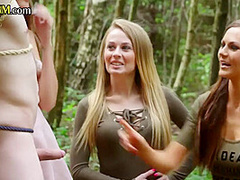 BDSM CFNM group BJ and HJ outdoor 4 sub by dominant babes