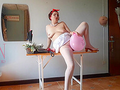 The Naked Secretary In The Office With White Apron Blows Balloons Masturbates