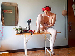 The Naked Secretary In The Office With White Apron Blows Balloons Masturbates