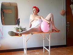 The Naked Secretary In The Office With White Apron Blows Balloons Masturbates