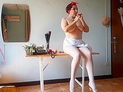 The Naked Secretary In The Office With White Apron Blows Balloons Masturbates