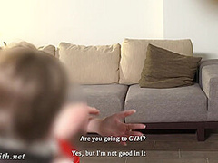 Waiting: Jeny Smith teasing a man bottomless. Flashing tits and pussy with mini skirt
