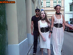 Submissive sluts fucked and humiliated in public orgy