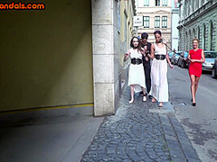 Submissive sluts fucked and humiliated in public orgy