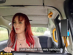 Redhead horny babe rides taxi driver in his car outdoor
