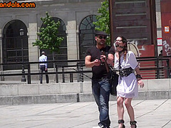 Ballgagged slut fucked and whipped in public 3some action