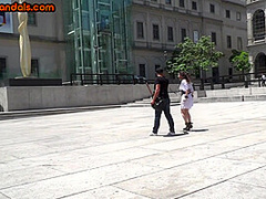 Ballgagged slut fucked and whipped in public 3some action