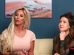 Voyeur busty MILF and small boobs babe watching guy jerking