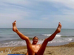 Nude Yoga Workout Of A Beautiful Blond Woman With Nice Tits And Perfect Pussy On The Beach