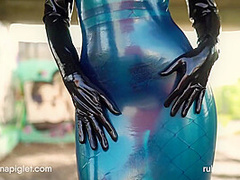 Blue Latex Dress On Public