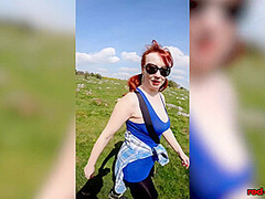 Hot MILF Red XXX goes for a topless walk on Easter