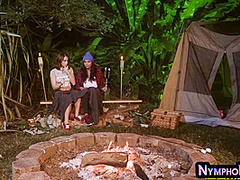 Busty lez MIF pussyfingered by cute babe outdoor in tent