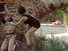 BDSM public slut fucked outdoor in throat after whipping