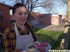 Public dirty Asian bae drilled in POV by big white cock