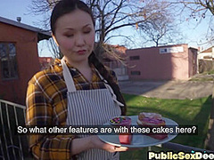 Public dirty Asian bae drilled in POV by big white cock