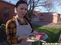 Public dirty Asian bae drilled in POV by big white cock