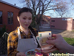 Public dirty Asian bae drilled in POV by big white cock
