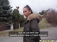 Public Asian drilled by big white cock in POV in doggystyle