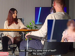 Jeny Smith watch her videos with a guy and teasing him. Got naked for the fan and show him a pussy