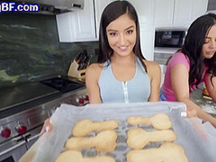 Nymphomaniac brunettes sharing cock during steamy trio