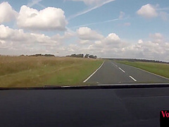 Voyeur babe sitting in car and watching BF jerking outdoor