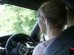 Voyeur babe sitting in car and watching BF jerking outdoor