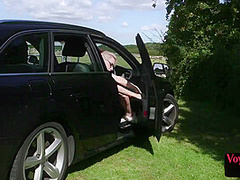 Voyeur babe sitting in car and watching BF jerking outdoor