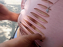 Wife With Pasties In See Through Cut Up Shirt And No Bra And Skirt In Public