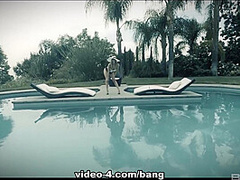 Aspen Ora fucks her man in her 'rents pool and he cums all over her tits - BANG!