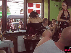 BDSM public slut whipped in public pub in front of voyeurs