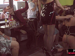 BDSM public slut whipped in public pub in front of voyeurs
