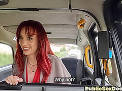 Redhead slutty MILF outdoor fucked in taxi by taxi dude