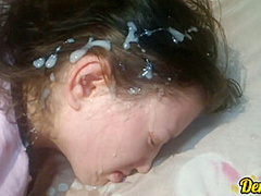 Compilation Of Of Warm Tasty Cum Pours Down The Face Of A Cute Schoolgirl But She Wants Even