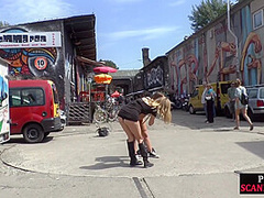 Public bondage slut mouth fucked in 3way in front of voyeurs