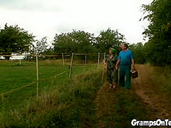 Trio teen doggystyled by dirty old man