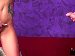 Voyeur busty MILF rubbing pussy n watching guy while wanking