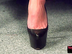 Busty voyeur MILF in heels teasing wanker who wanking off