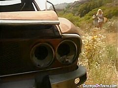 Hot blonde teen hops on oldie