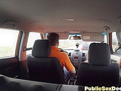 Stockings babe gets fucked in car by driving tutor outdoor