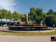 Public deepthroating BDSM slut sucks 2 cocks outdoor