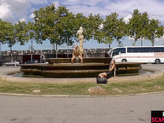 Public deepthroating BDSM slut sucks 2 cocks outdoor