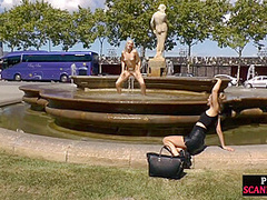 Public deepthroating BDSM slut sucks 2 cocks outdoor